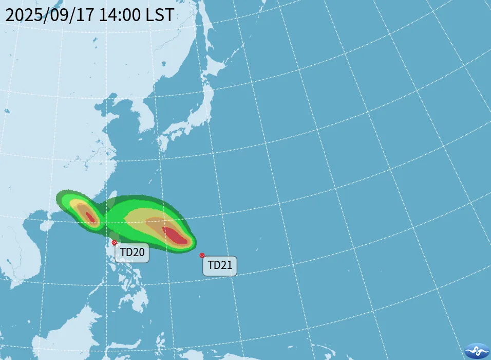 氣象署指出，20、21號熱帶性低氣壓，將於18日雙雙增強為颱風「米塔」、「樺加沙」。