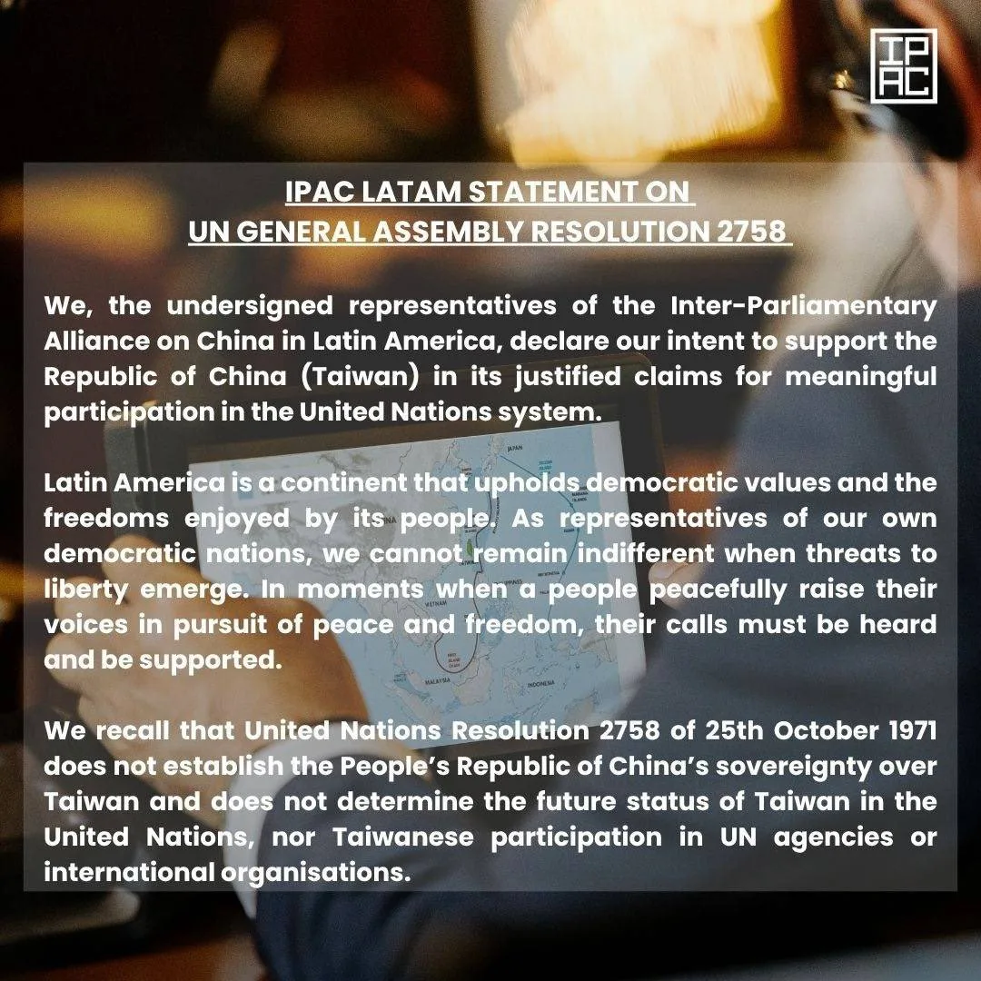 拉丁美洲國會議員2日串連反對北京曲解聯大2758決議。翻攝自X/ipacglobal