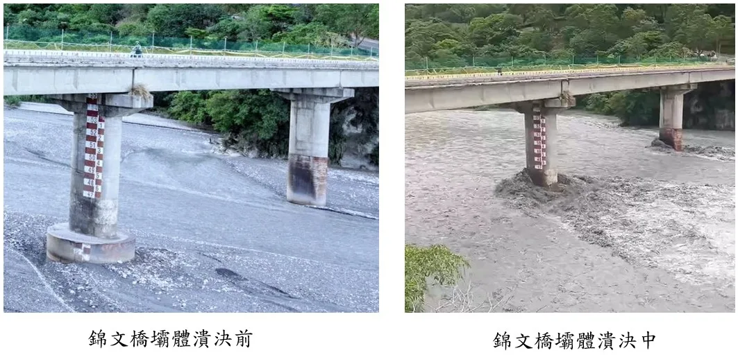 花蓮太魯閣燕子口堰塞湖潰決前後，錦文橋壩體潰決水量比對