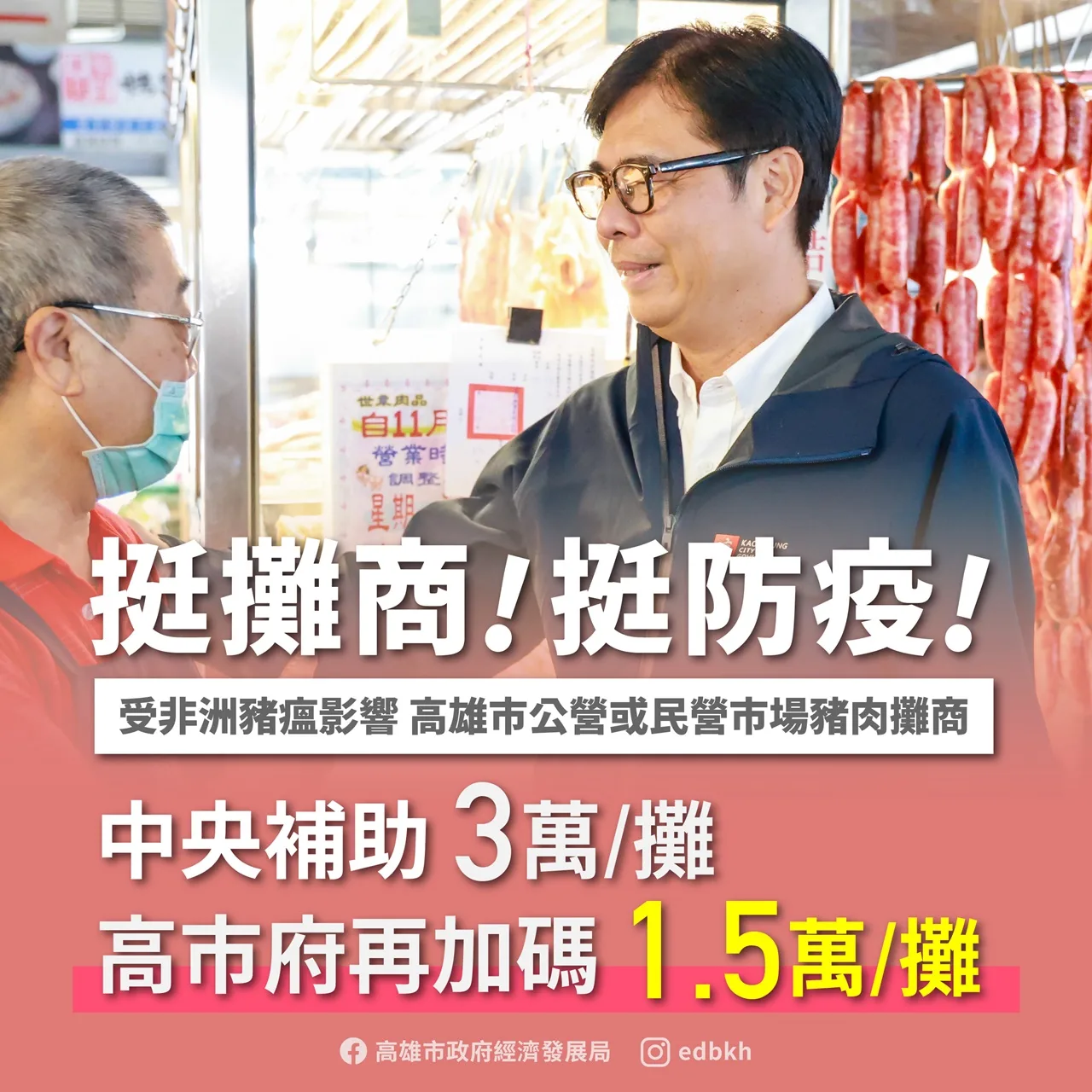 高雄市政府加碼補助1.5萬元,攜手傳統市場豬肉攤商挺防疫顧生計。高雄市政府經發局提供
