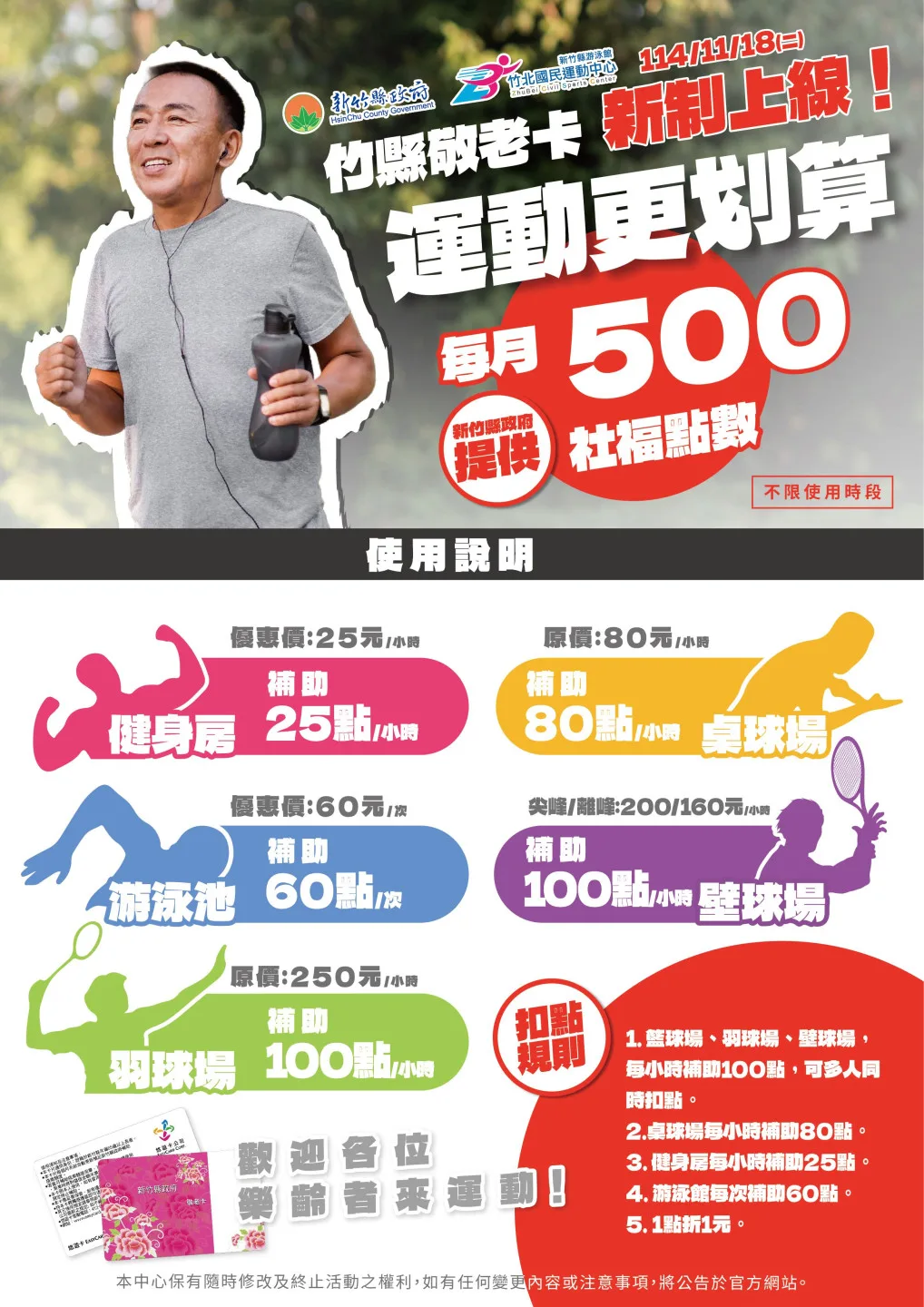 新竹縣敬老卡今天開始可用於租借運動中心球場等。竹縣府提供