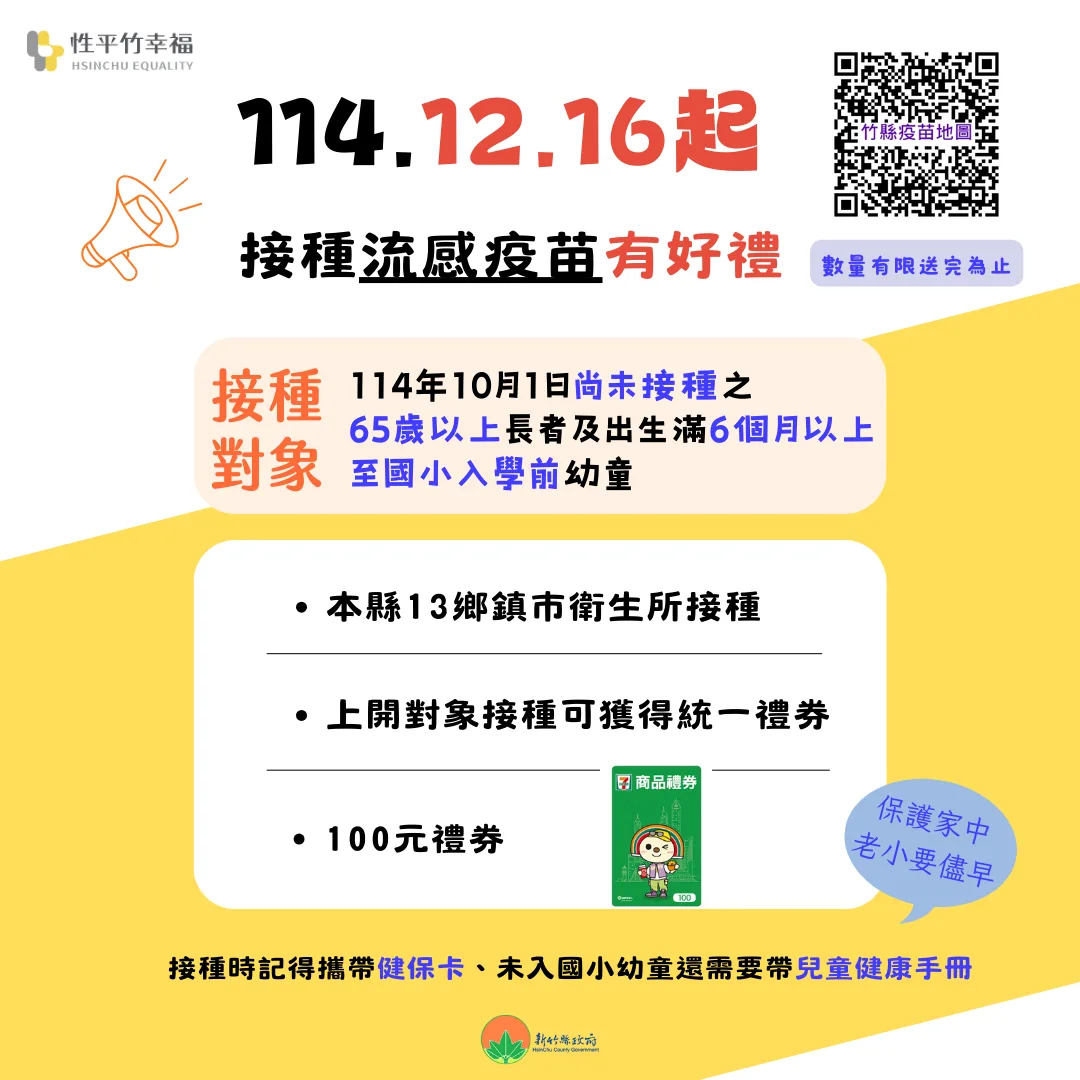 長者幼兒接種流感疫苗送好禮， 12月16日起竹縣13鄉鎮市衛生所開跑。新竹縣政府提供