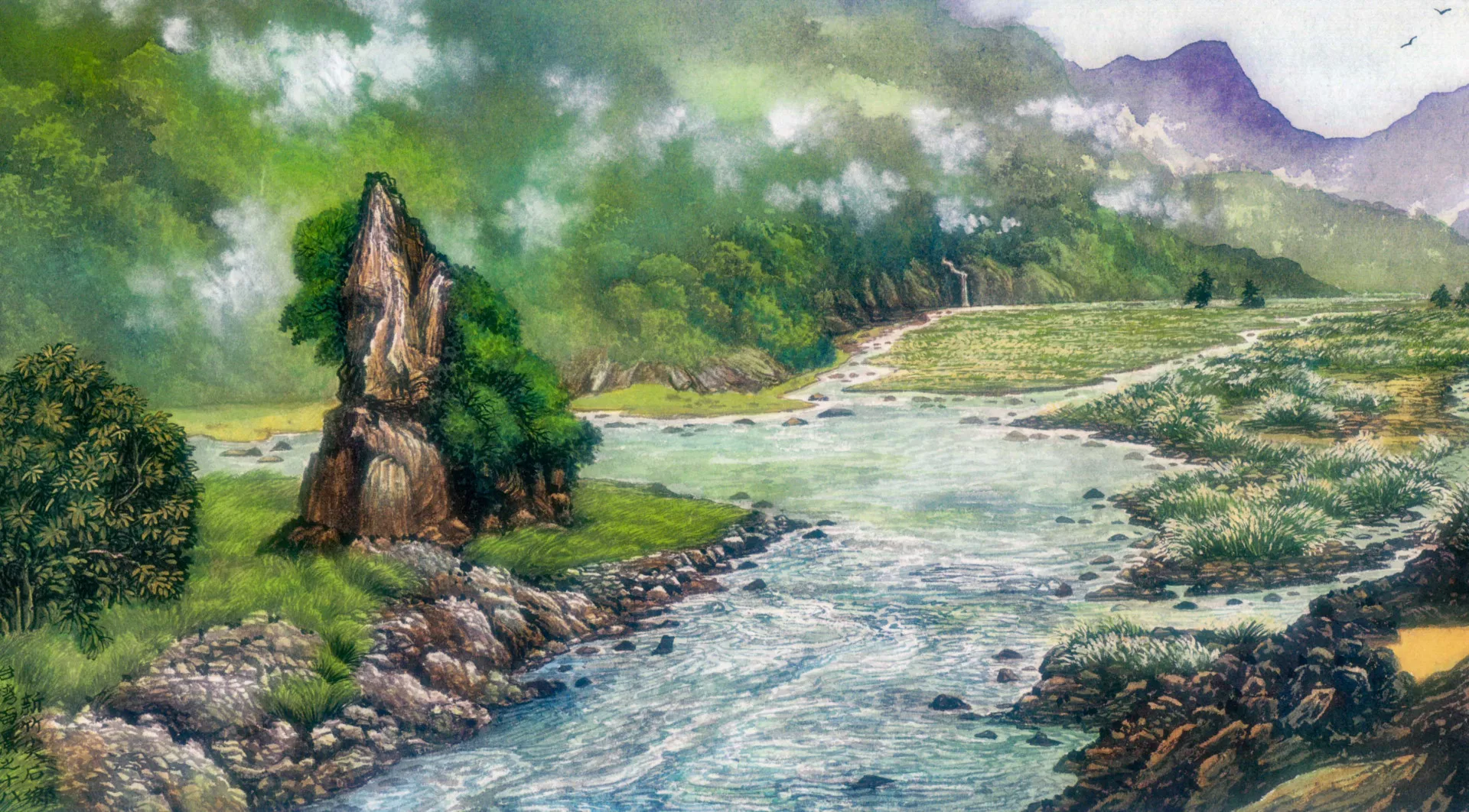 于傳騏曾環島旅行作畫4次,完成《南島Taiwan行旅》百景圖,圖為新竹縣尖石鄉的山河美景。何來美翻攝