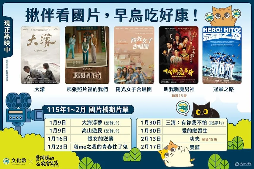 文化部鼓勵青少年使用文化幣揪伴看國片，看早場國片350點可獲得200點回饋。翻攝自文化幣官網