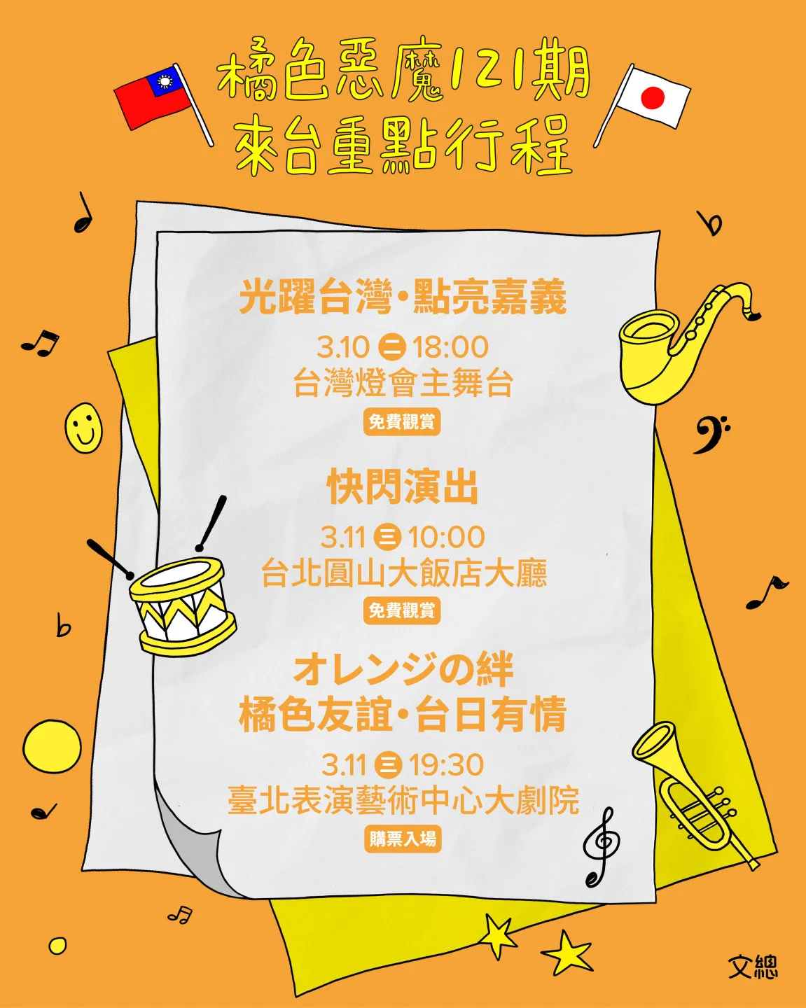 橘色惡魔121期來台行程表。資料照，文總提供