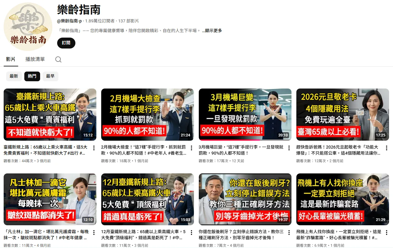 YouTube頻道「樂齡指南」熱門影片,清一色為AI生成內容。翻攝YouTube頻道「樂齡指南」