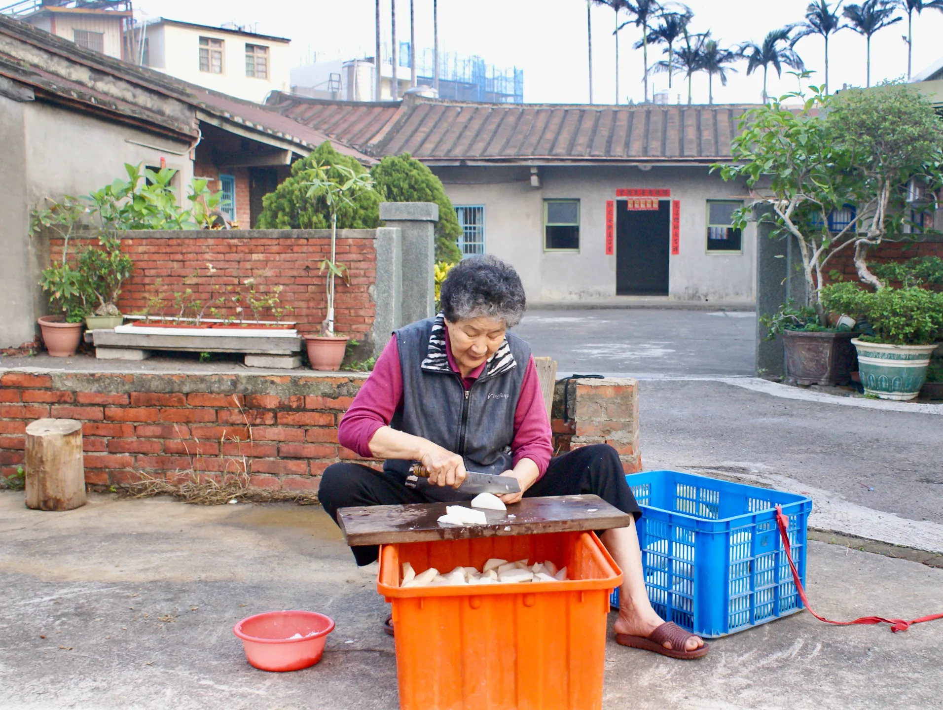 秀英伯母嫻熟地將蘿蔔切塊、灑鹽殺青,接著反覆重壓出水,耐心地等待陽光將其收乾入味。徐彩雲攝