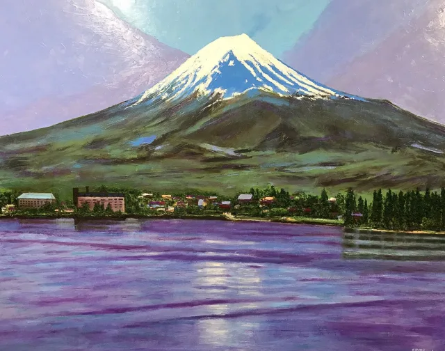 周東寬的油畫「河口湖與富士山」，2018年獲極美賞及文部科學大臣賞。周東寬提供