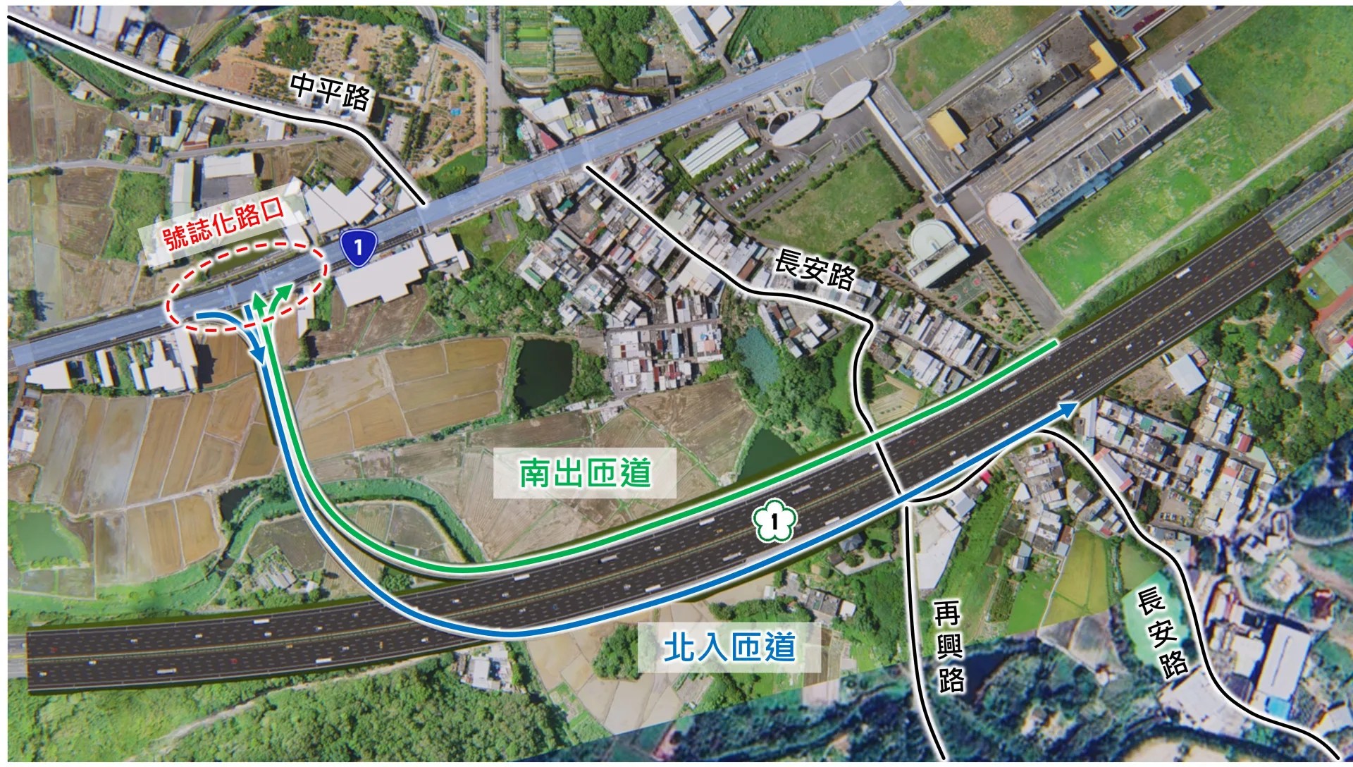 國一湖口段增設交流道南出北入匝道路線圖。竹縣府提供