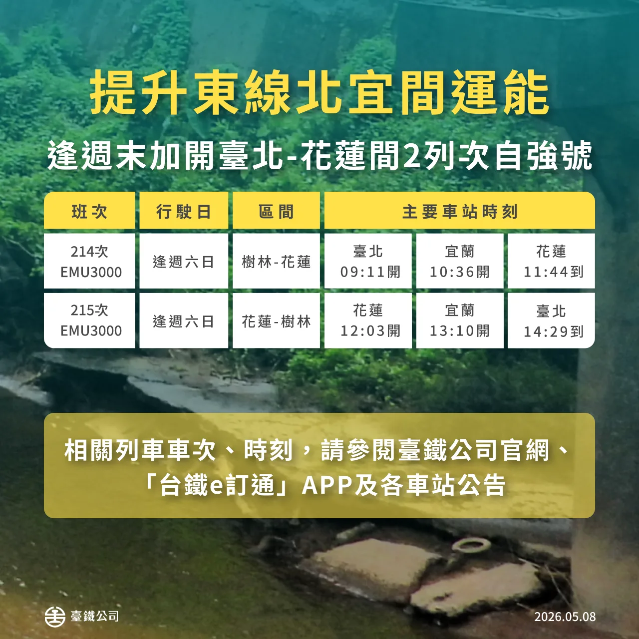 台鐵指出,增加部分自強號停靠礁溪站,另逢週六、日加開台北-花蓮間自強號2列次,主要停靠宜蘭地區車站。台鐵提供