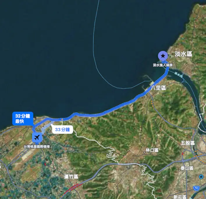 實測Apple地圖導航，輸入從桃園機場到漁人碼頭，地圖能「跨越」淡江大橋。圖取自Apple地圖