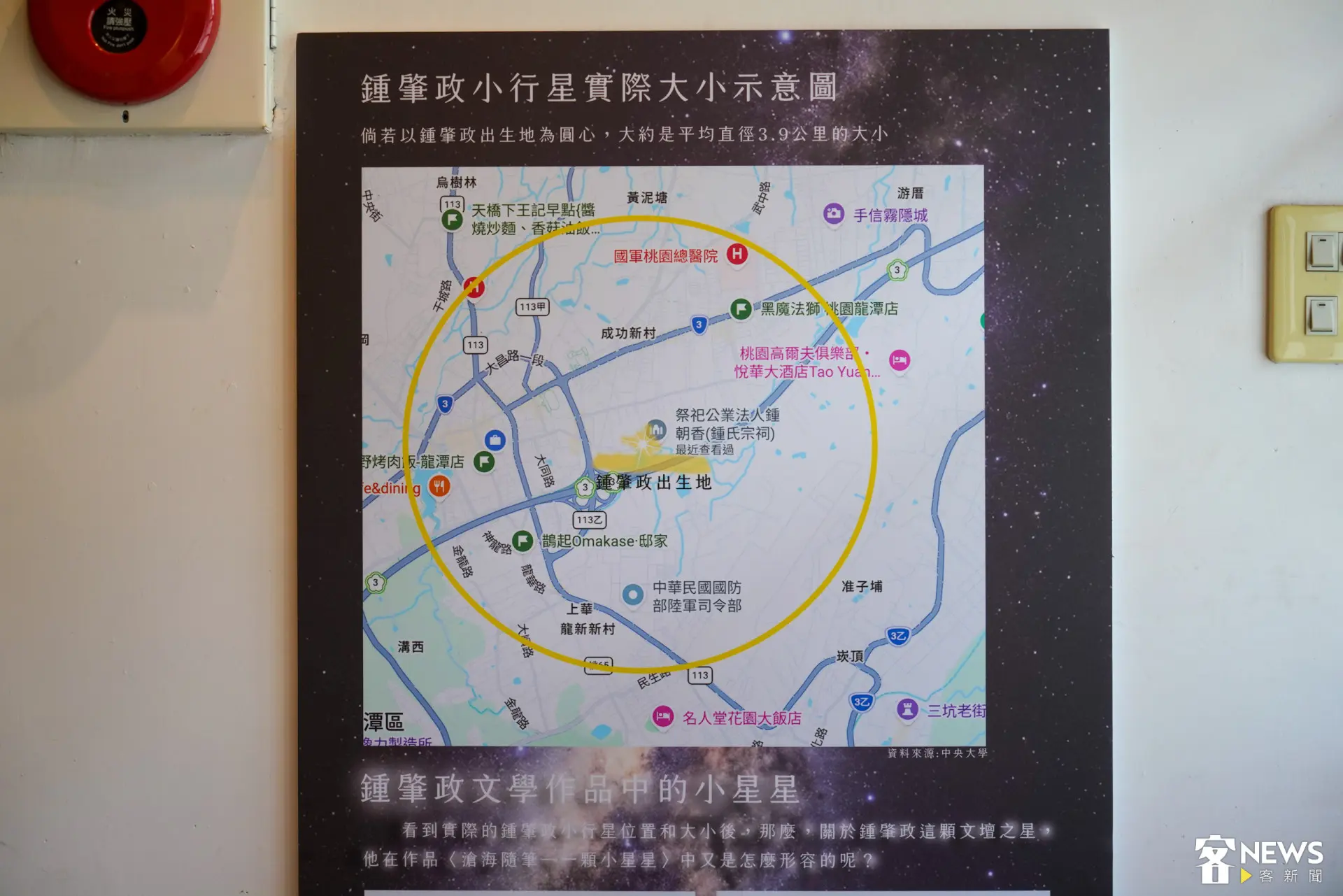 以鍾肇政老師出生地為中心,劃出鍾肇政小行星的實際大小。朱愷元攝