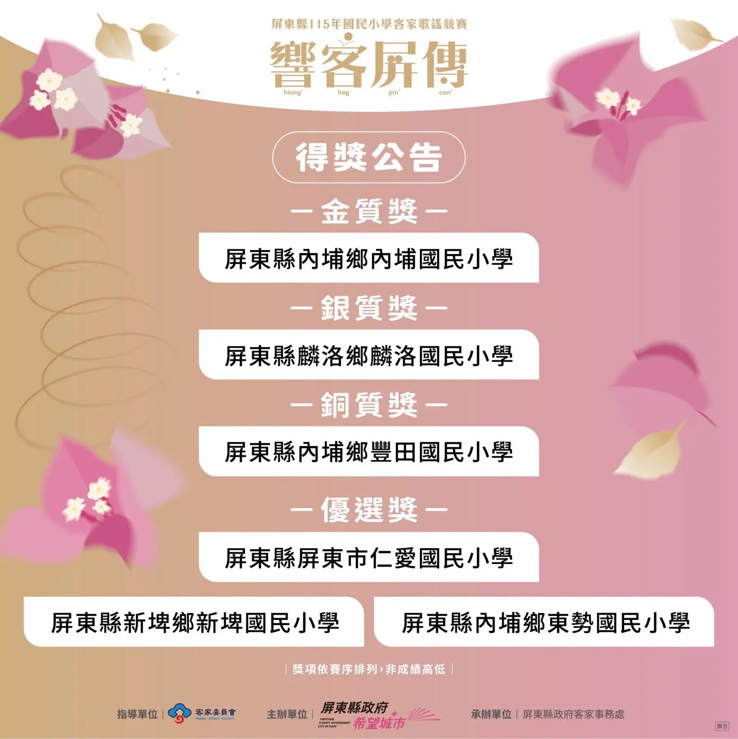 屏東國小客家歌謠競賽結果出爐。屏東縣政府提供