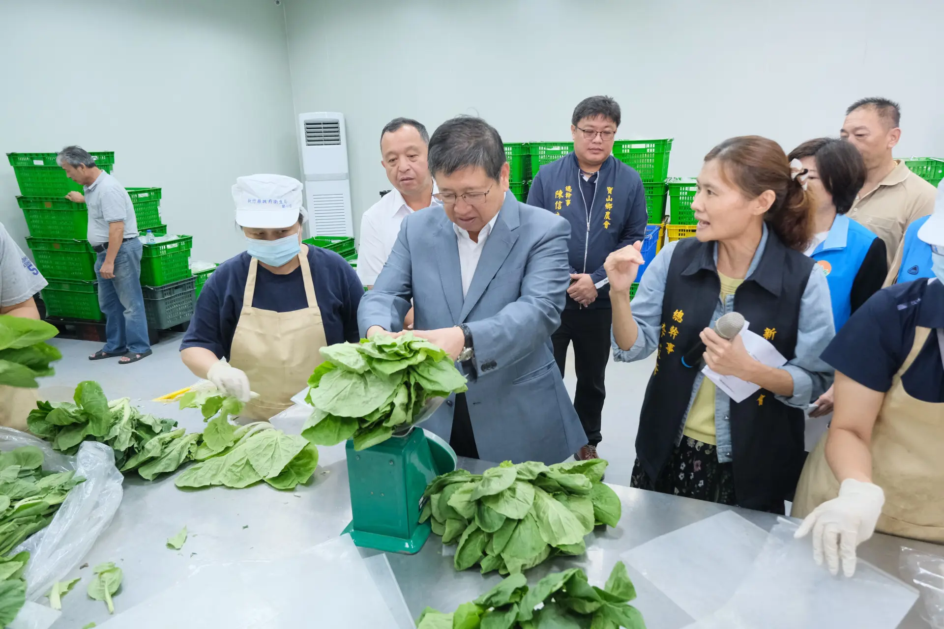 縣長楊文科至縣農會協助分裝有機蔬菜。新竹縣政府提供