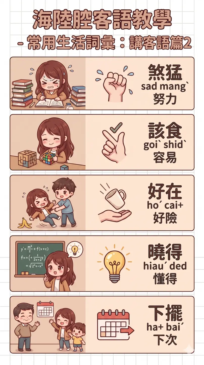 客語教學圖卡。AI製圖，內容已校正，是正確發音