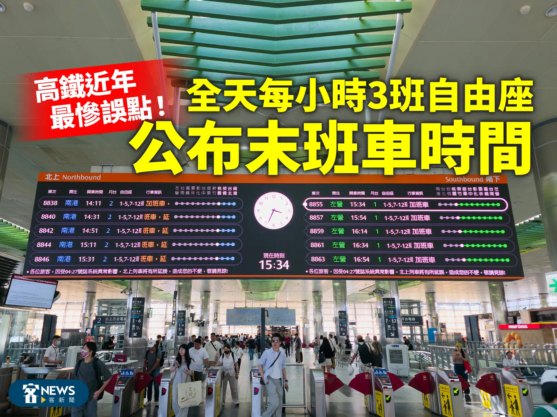 高鐵近年最慘誤點！全天每小時3班自由座　公布末班車時間