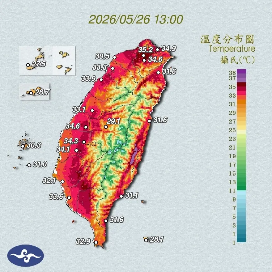 全台今日高溫炎熱,中央氣象署溫度分布圖紅通通一片。圖為今日13時各地區溫度分布圖。中央氣象署提供