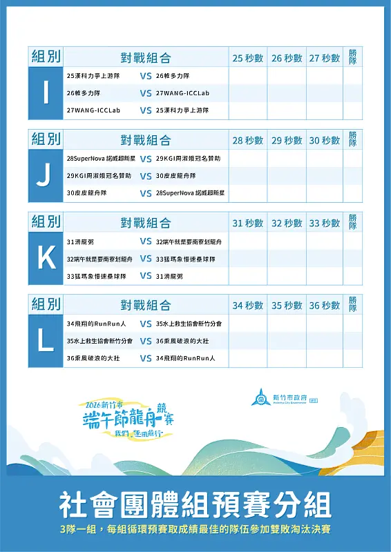 新竹市龍舟賽I-L隊伍賽程表。新竹市政府提供