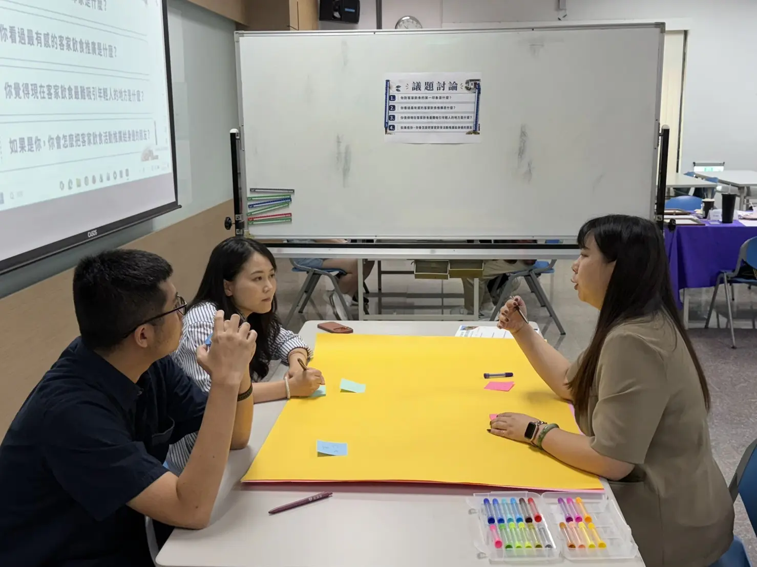 高雄市客家青年諮詢委員透過世界咖啡館交流模式討論客家飲食推廣議題。高雄市客委會提供