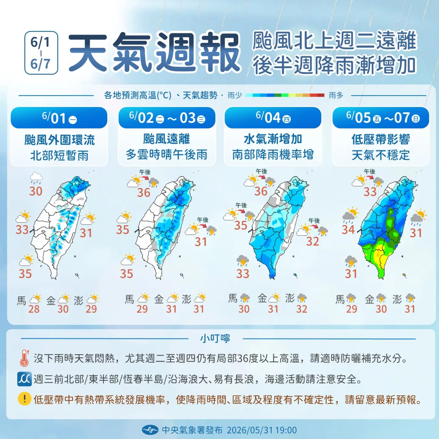中颱薔蜜影響台灣較間接，後半週低壓帶接力水氣增。翻攝「報天氣 – 中央氣象署」FB