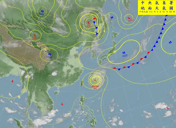 除影響航班外，台灣同樣受「薔蜜」外圍環流所致，北台灣易有局部短暫陣雨。翻攝中央氣象局官網