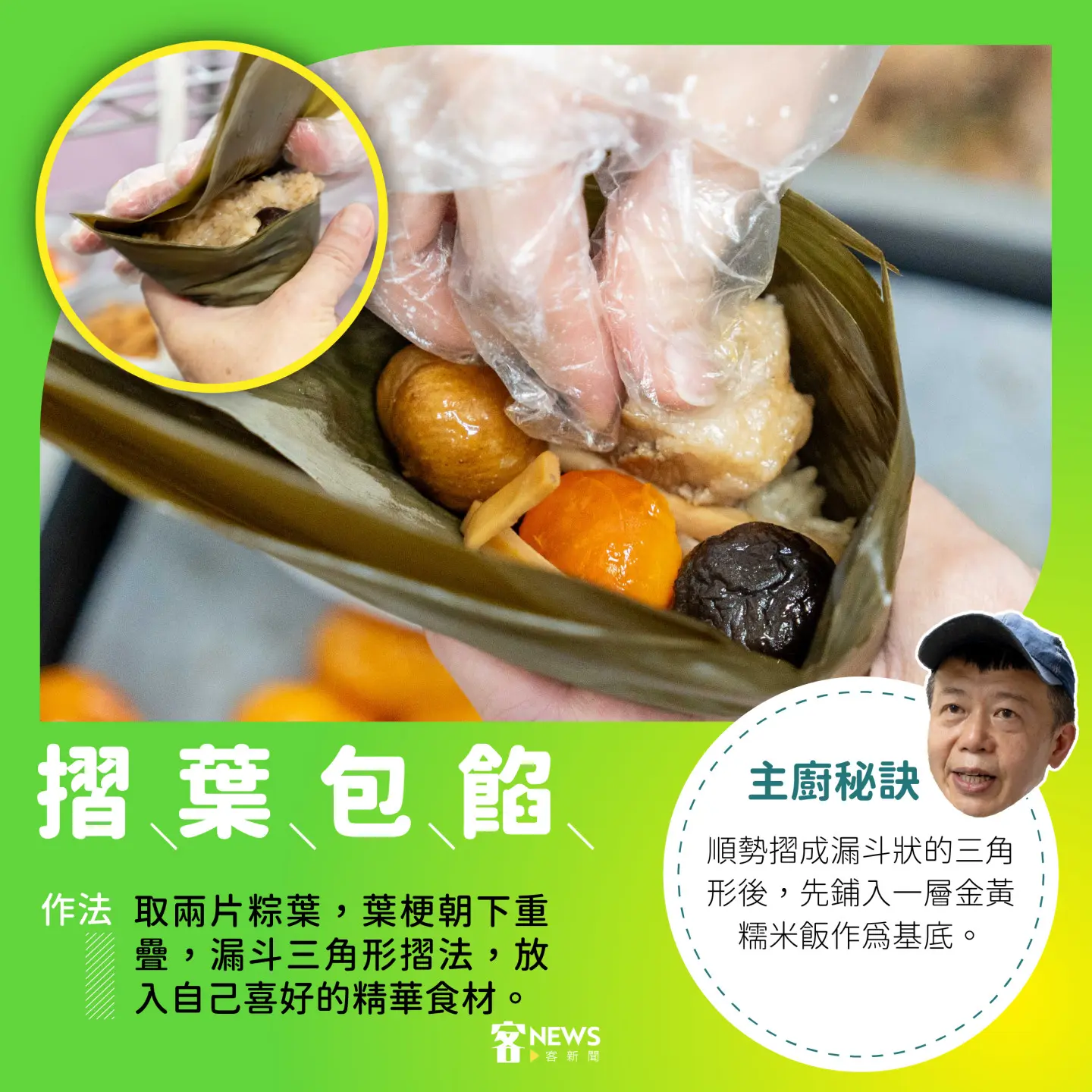 邱寶郎包粽「包餡」秘訣大公開。《客新聞》製圖
