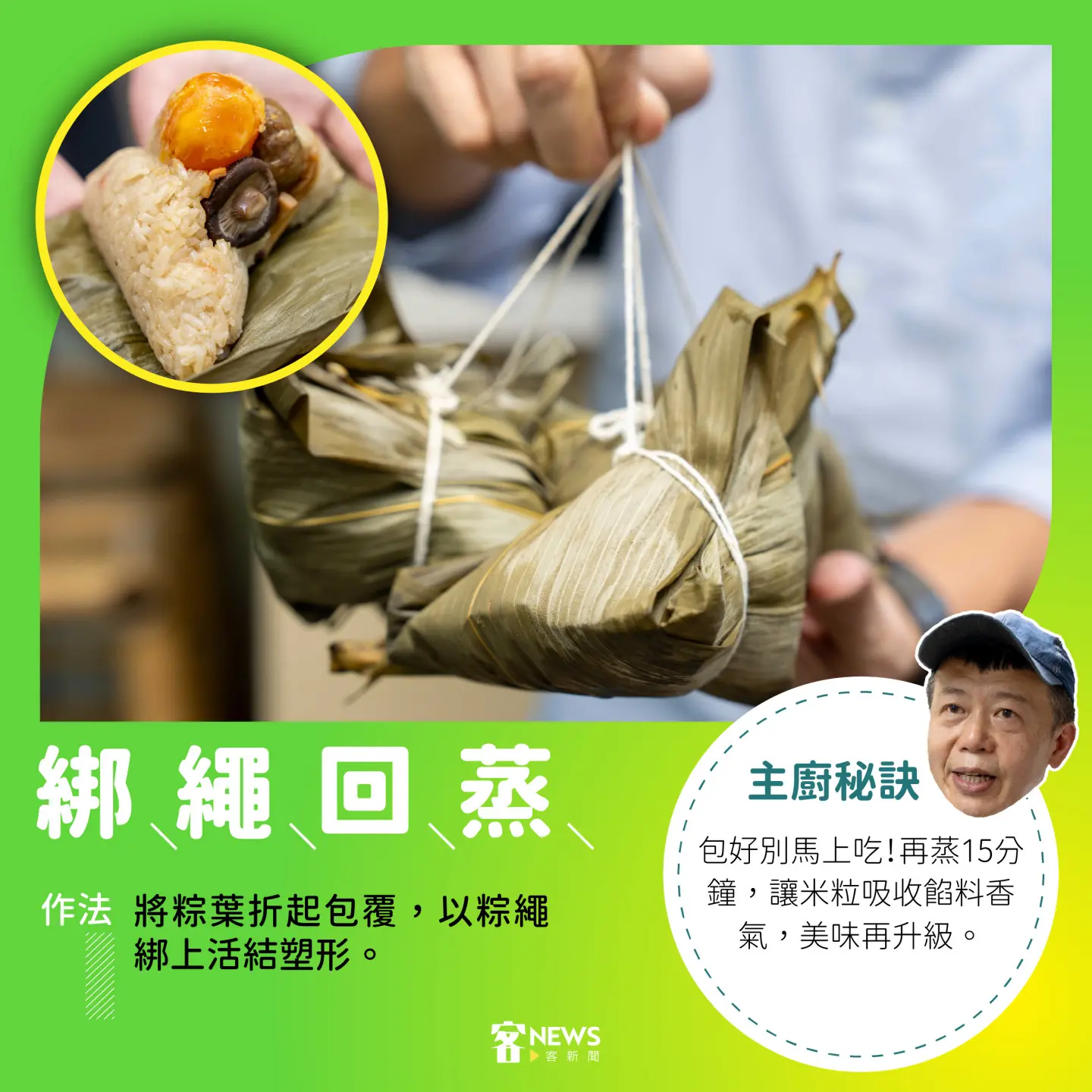 邱寶郎包粽秘訣大公開。《客新聞》製圖