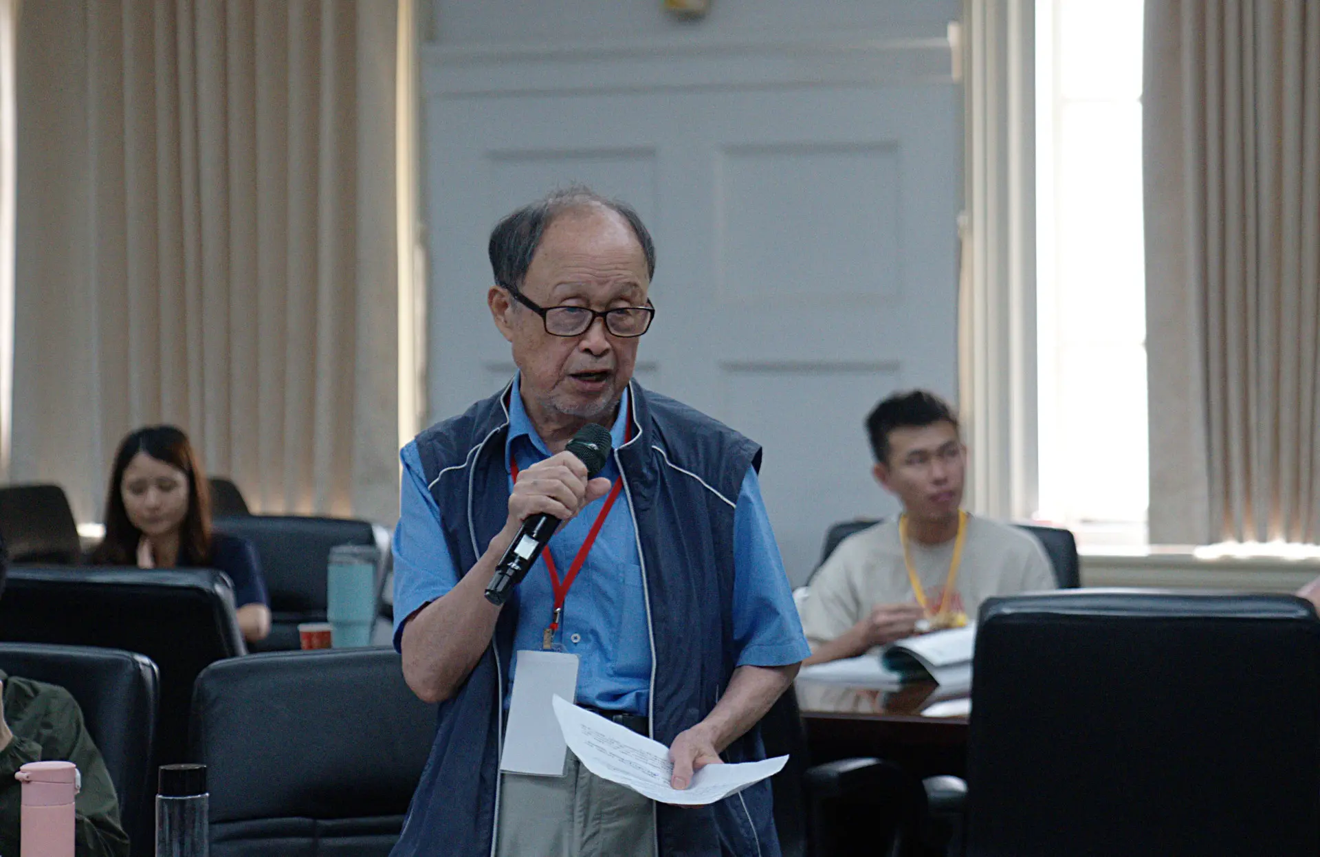寶島客家電台董事長黃永達在會中提出客語復振建議，認為語言轉型正義是首要工作。廖文琪攝