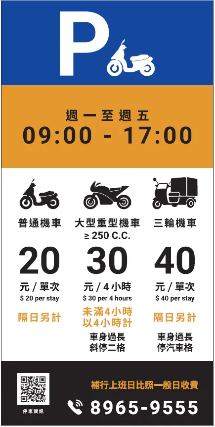 新北7月起，三輪機車可停路邊汽車格、大重機專用格，圖為告示牌。新北市交通局提供