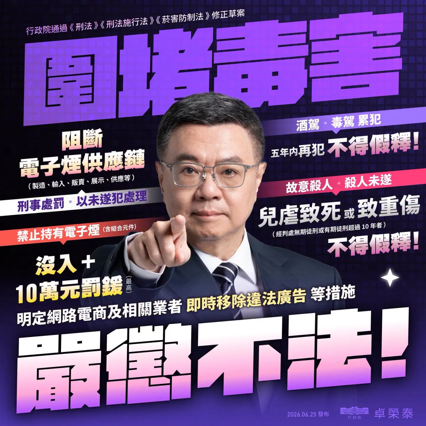 行政院長卓榮泰日前拍板源頭嚇阻、強化查緝、重懲毒駕共3面向、14項因應策略，並陸續提出加重毒駕刑責。翻攝自卓榮泰 臉書