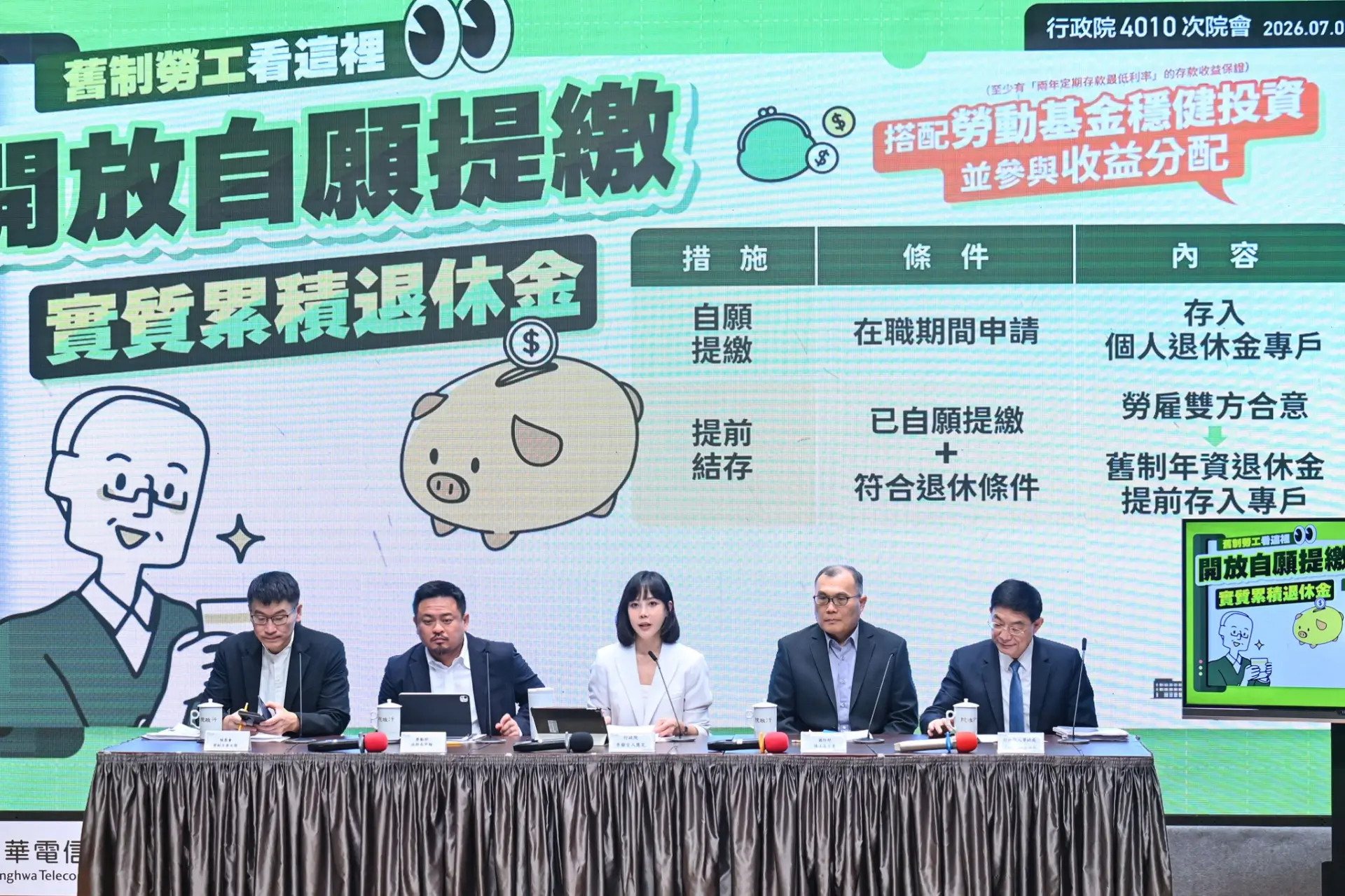 行政院發言人李慧芝於記者會開頭即說「勞退純舊制勞工自願提繳及提前結存退休金」方案。行政院提供
