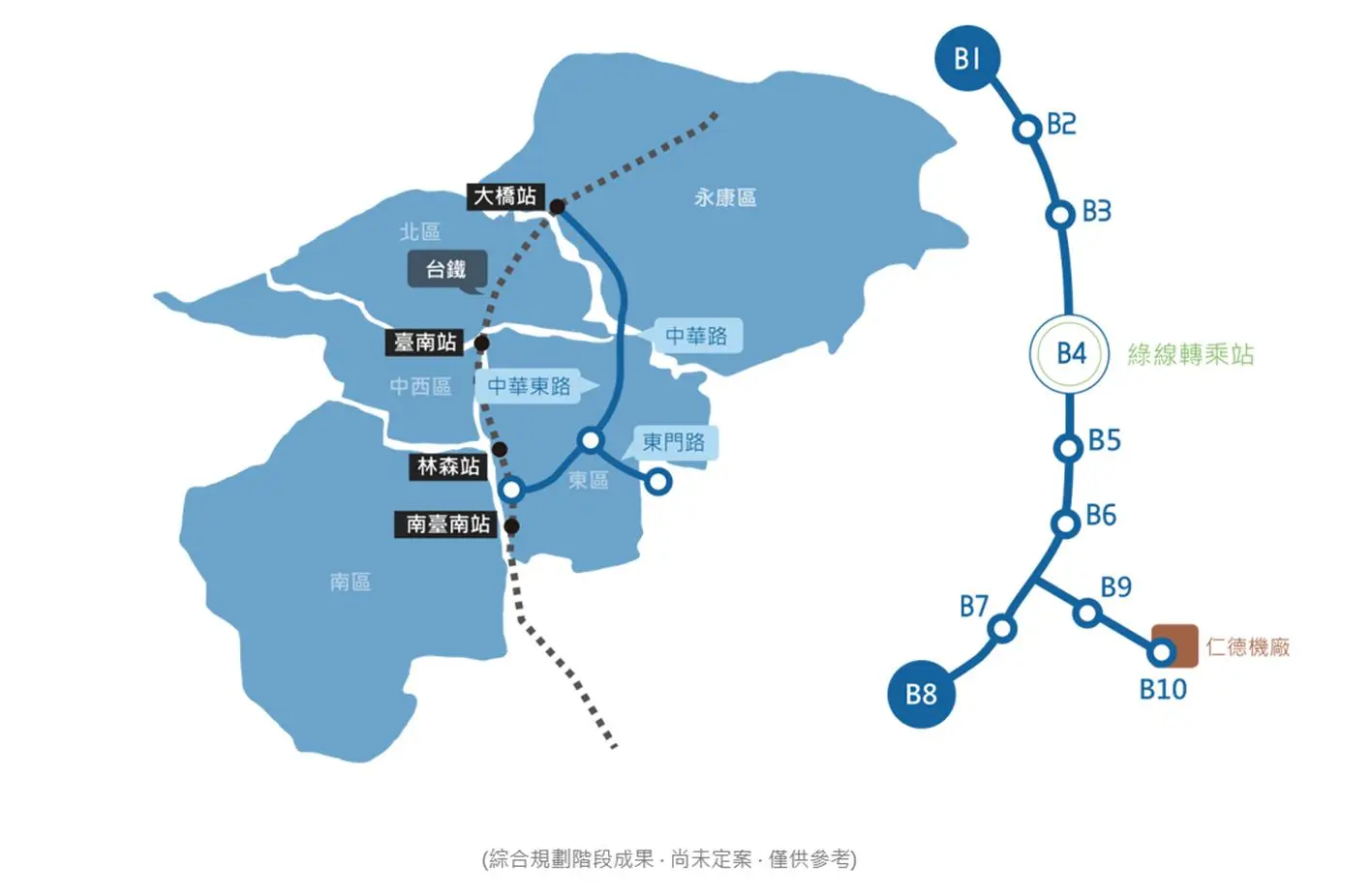 台南捷運第一期藍線路線圖區域,可轉乘台鐵大橋站、綠線捷運(平實轉運站),另設支線連接仁德機廠。翻攝台南市政府捷運工程處官網
