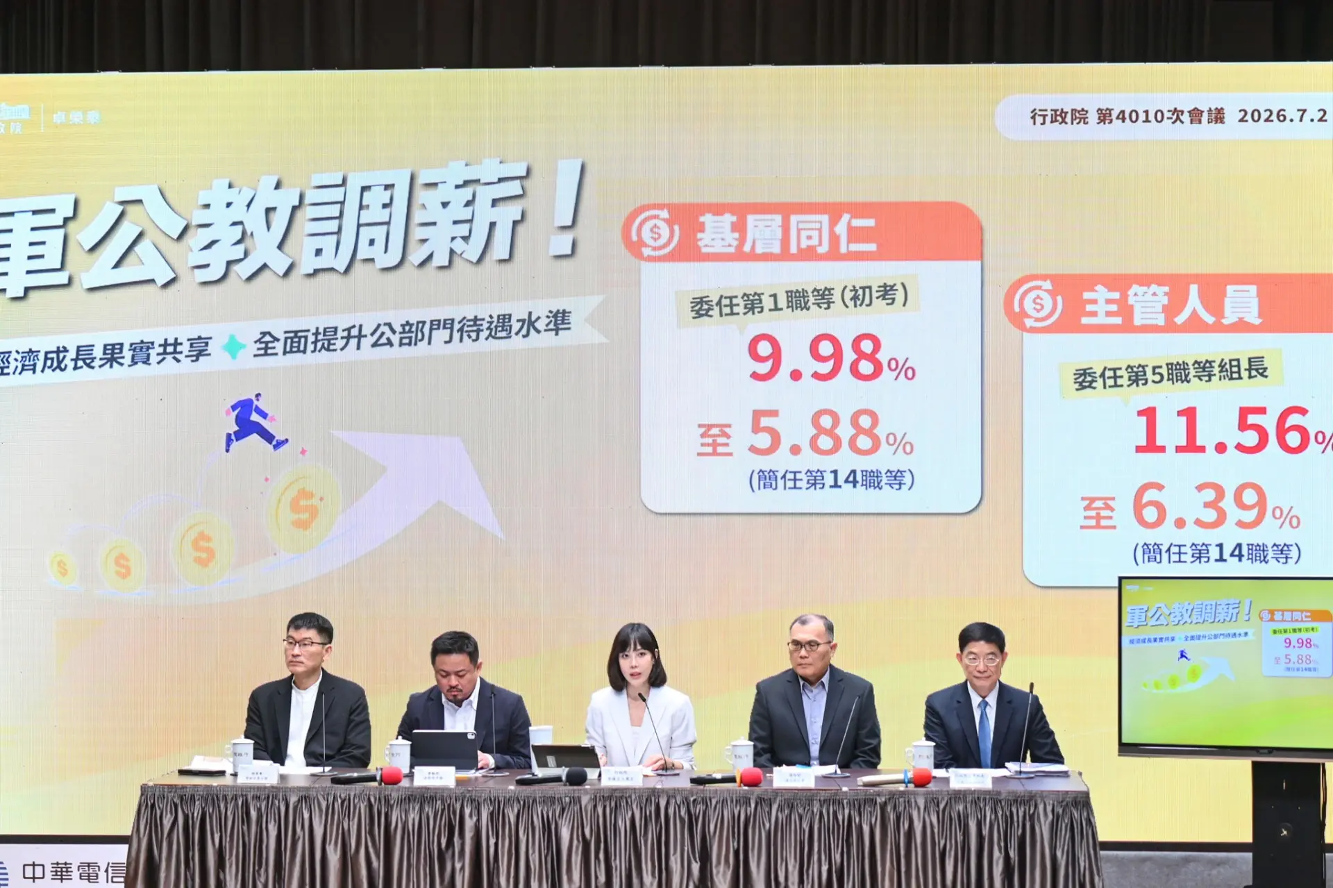 (左起)大陸委員會副主委梁文傑、勞動部長洪申翰、行政院發言人李慧芝、國防部陸軍常務次長陳文星、行政院人事行政總處副人事長張秋元,共同召開行政院會後記者會,宣告軍公教明年調薪4%。行政院提供