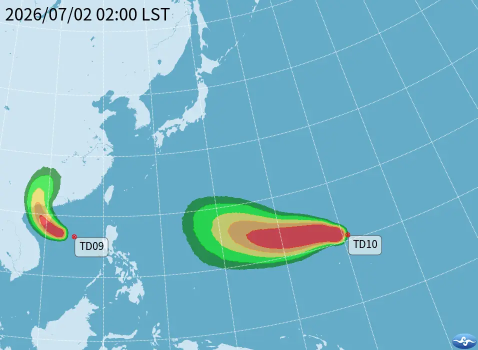 氣象專家指出，海面上兩個熱帶系統最快今天發展為颱風，其中關島附近系統有機會增強為強烈颱風。氣象署提供