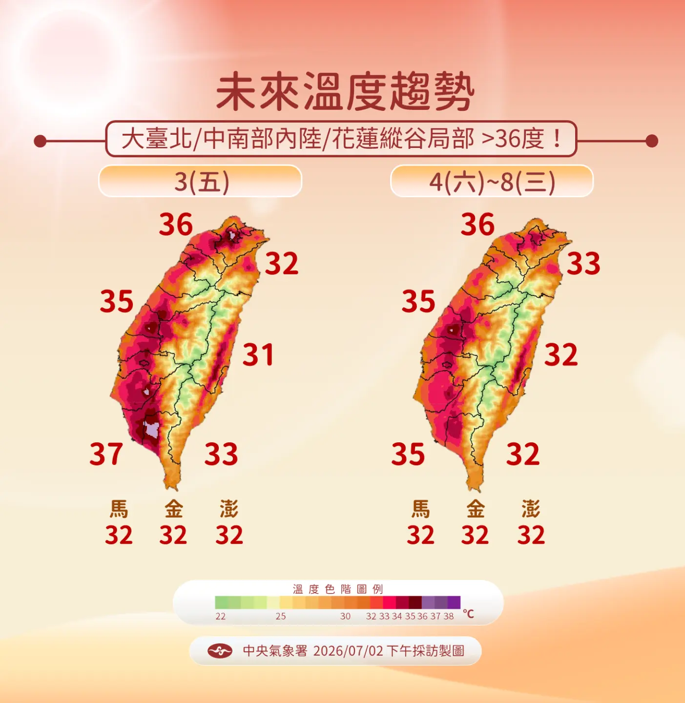 太平洋高壓持續影響，全台各地晴朗炎熱。氣象署提供