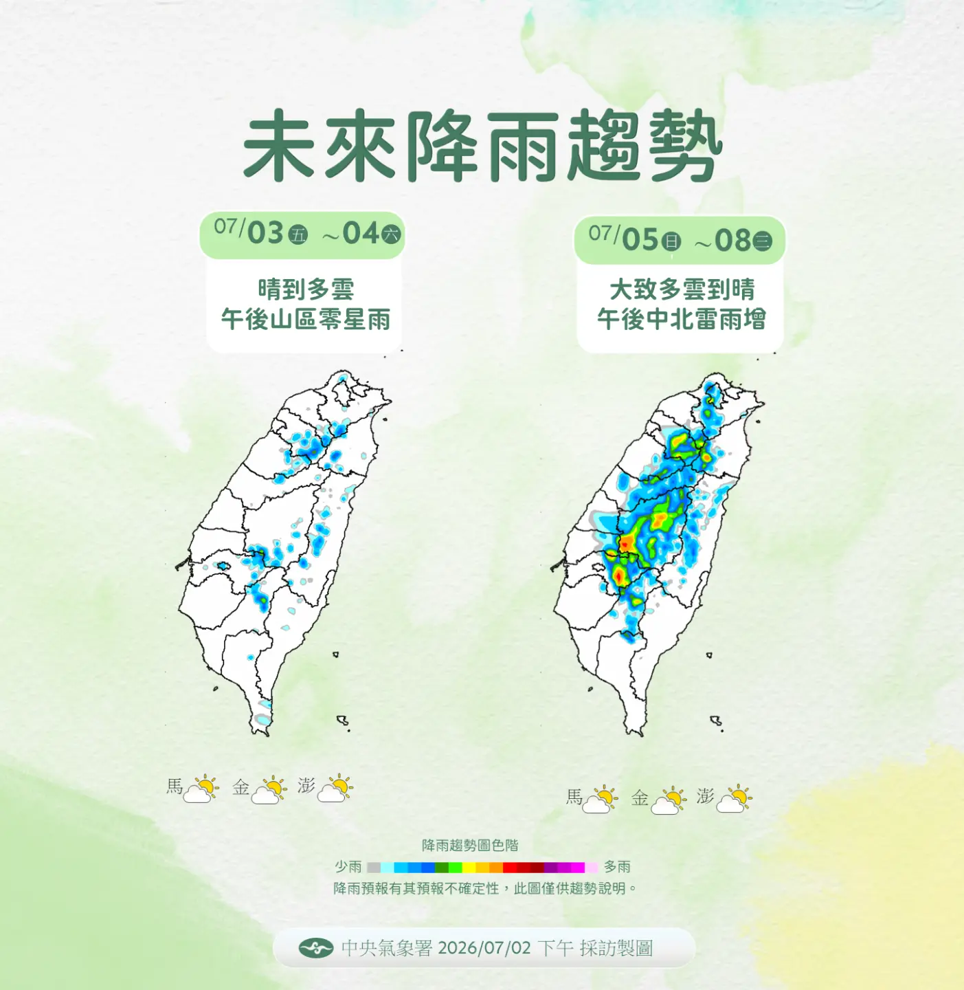 未來降雨趨勢顯示，8日前以午後山區局部降雨為主。氣象署提供