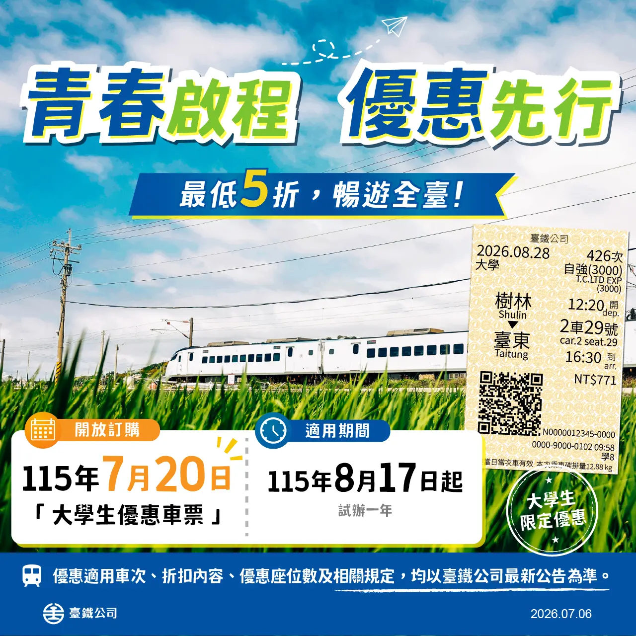 台鐵推出大學生優惠，自7月20日起開放訂購，適用乘車期間為今年8月17日至明（2027）年8月16日。台鐵提供