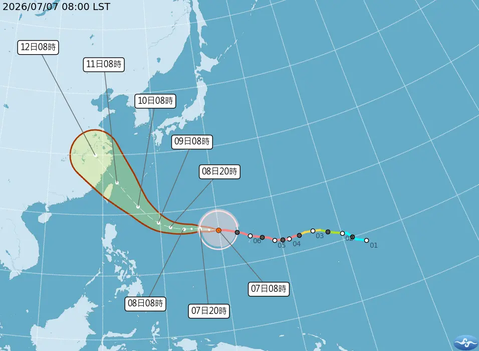 氣象署公布巴威未來路徑預測，預估將通過台灣東北部海面後北上。氣象署提供