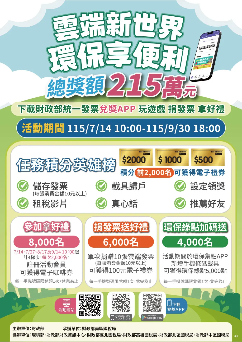財政部近日升級「統一發票兌獎」APP，民眾只要更新APP即有機會獲得限量參加獎，總獎項共有1.6萬個，總獎額達新台幣215萬元。財政部提供