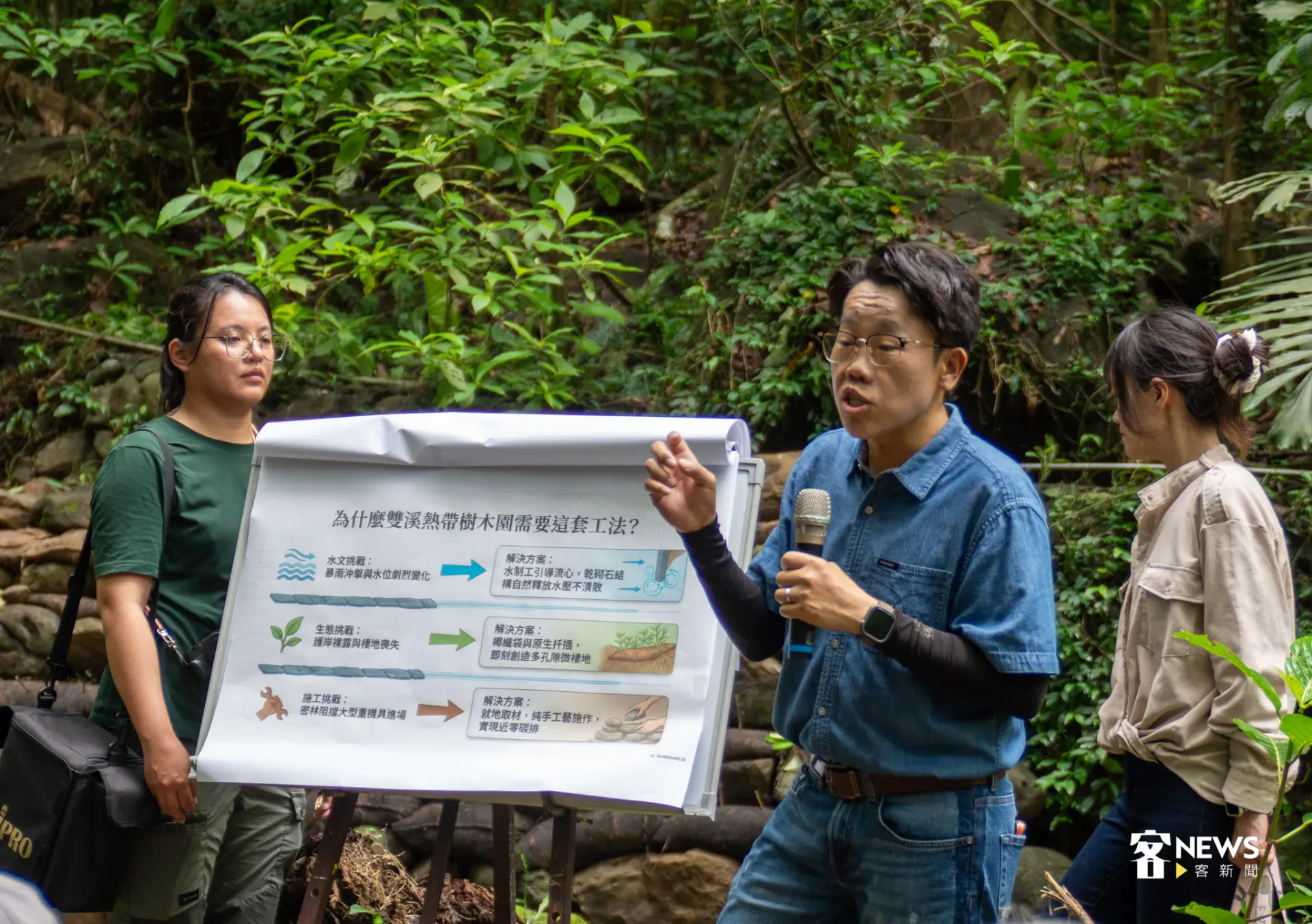 崇峻工程經理温建安向參與志工說明植岩互層工法與混凝土工法的差別。李宥妍攝