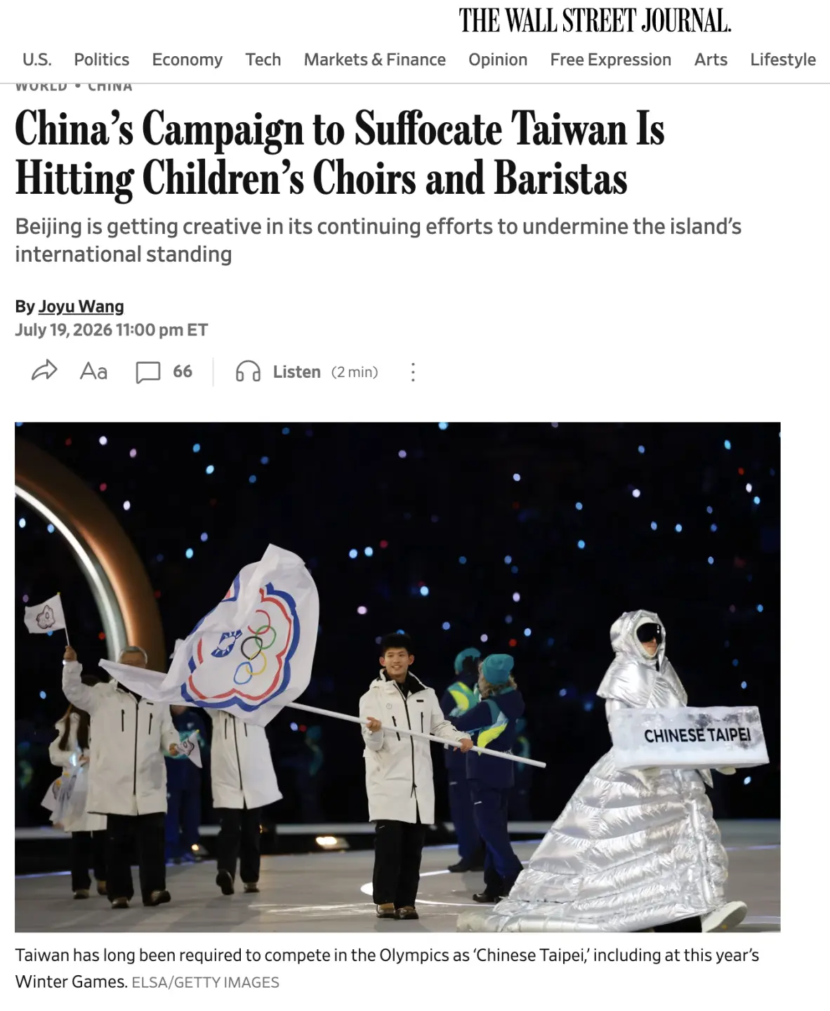 華爾街日報報導中國打壓臺灣現況，連兒童歌唱都不放過。報導指出，長期以來，台灣在奧運賽事中一直被要求以「中華台北」的名義參賽，包括今年的冬季奧運。翻攝華爾街日報