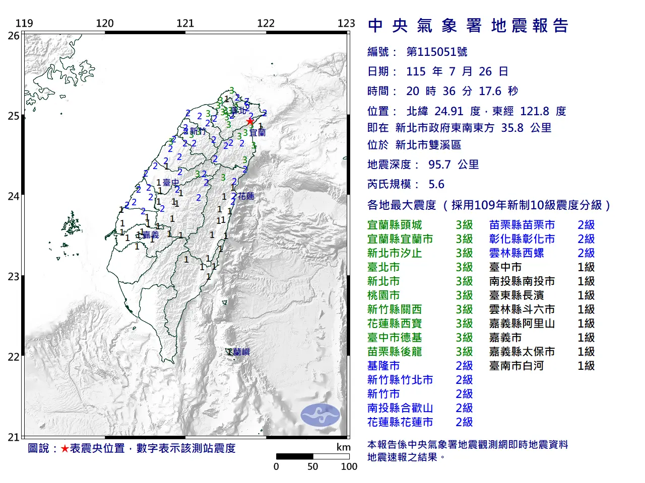 新北雙溪顯著有感地震報告。中央氣象署提供