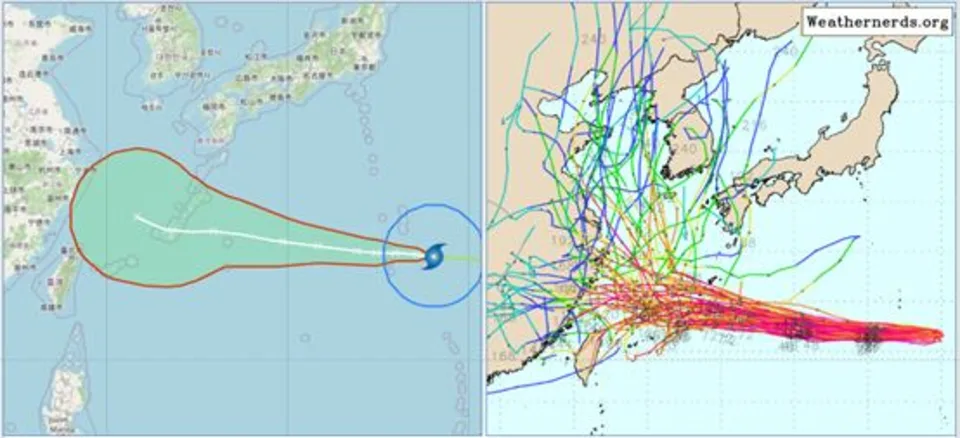 右圖為最新(3日20時)歐洲(ECMWF )模式系集模擬顯示，4天之後的各別模擬路徑，因其北方高壓減弱的速度不同，呈現如天女散花一般的分散度。翻攝自「洩天機教室」專欄