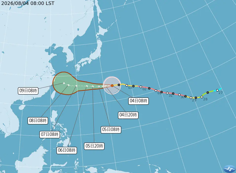 中度颱風白海豚今天凌晨２時位於臺北東方約２２８０公里的海面上，朝偏西的方向往琉球附近海面移動，不過後續路徑不確定性仍大，請留意最新颱風資訊。中央氣象署提供
