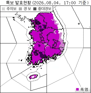 韓國首爾都市圈等地發布了嚴重高溫警告，而其他大部分地區同樣發布了高溫預警。翻攝自大韓民國氣象廳（대한민국 기상청）官網