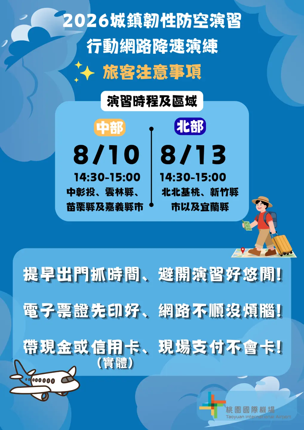 桃園國際機場針對北部13日防空演習提醒旅客相關注意事項。桃園國際機場公司提供