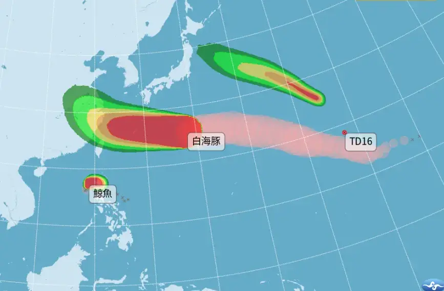 白海豚逐漸接近台灣，未來將整併颱風鯨魚的水氣。氣象署提供