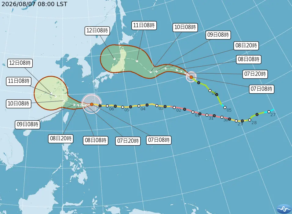 中央氣象署7日發布白海豚颱風（西）、昌鴻颱風（東）預估路徑。翻攝中央氣象署