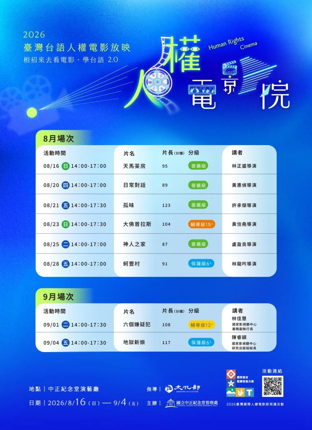 台灣台語人權電影放映活動,將從16日至9月4日在中正紀念堂登演放送。國立中正紀念堂管理處提供