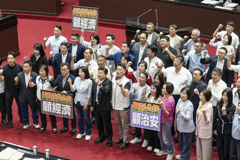公投提案通過後，國民黨立委齊聚議場，高舉「重啟核能公投、顧經濟」及「鞭刑公投、顧治安」手板，高呼口號表達支持立場。中央社